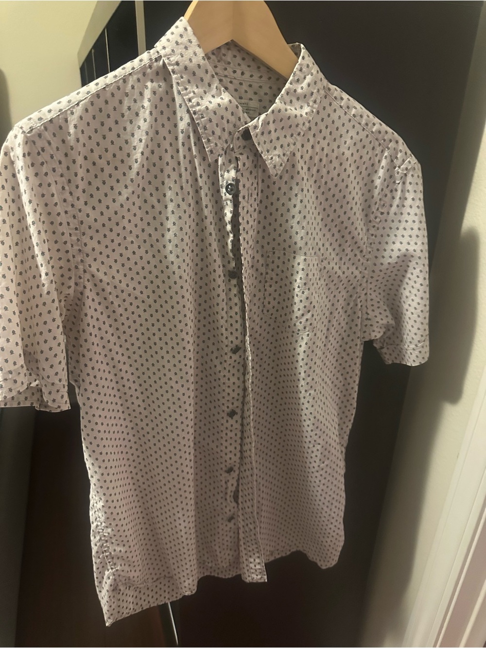 All Saints White Short-Sleeve Button-Down Shirt with Navy Micro Print